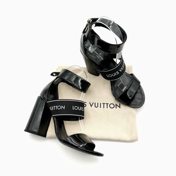 LOUIS VUITTON Trail Black Patent Leather Logo Sandal Size 37 Block Heel - Picture 1 of 12